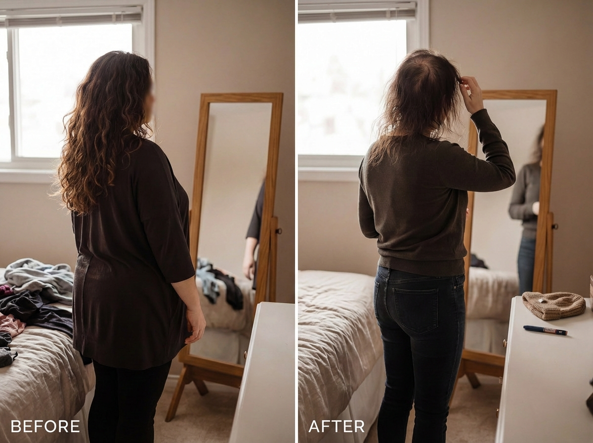 Before and after — weight loss but hair thinning on GLP-1