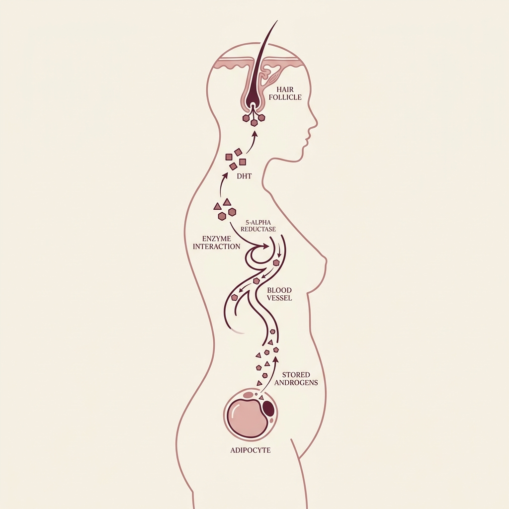 DHT hormonal pathway — from adipocyte to hair follicle