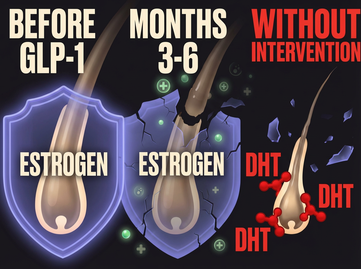 GLP-1 estrogen shield breaking down — DHT attack progression