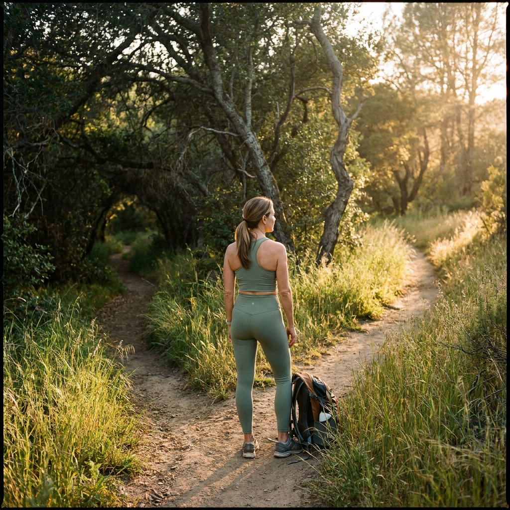 Woman with healthy hair on nature trail — confidence restored